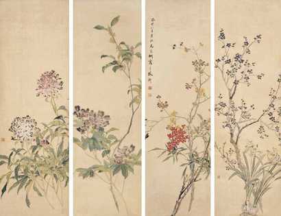 马家桐 1903年作 花卉 四屏